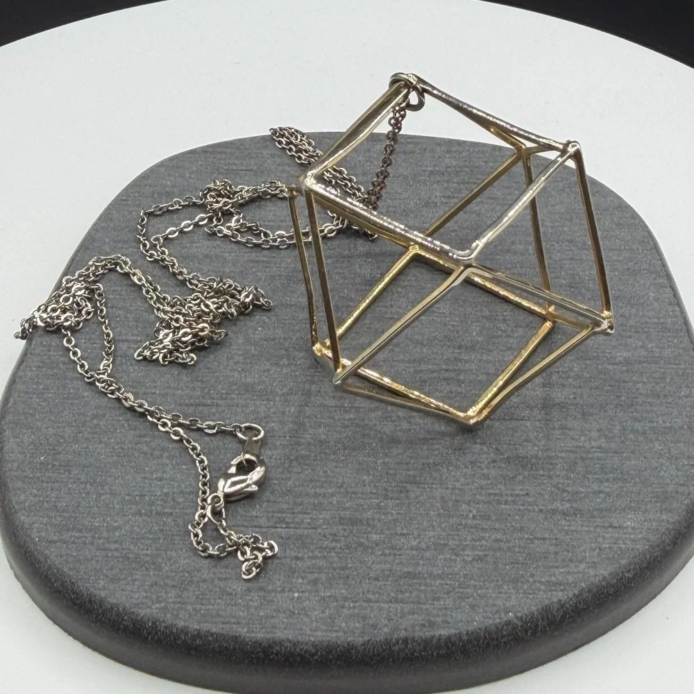 Two Tone Geometric Cube Pendant Necklace 3D Wireframe Modernist Statement Gift